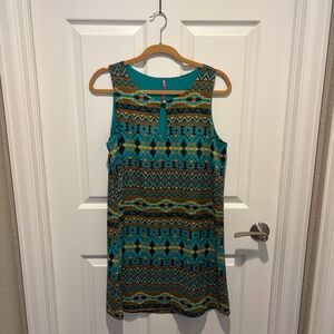 Sleeveless Teal Aztec Print Shift Dress